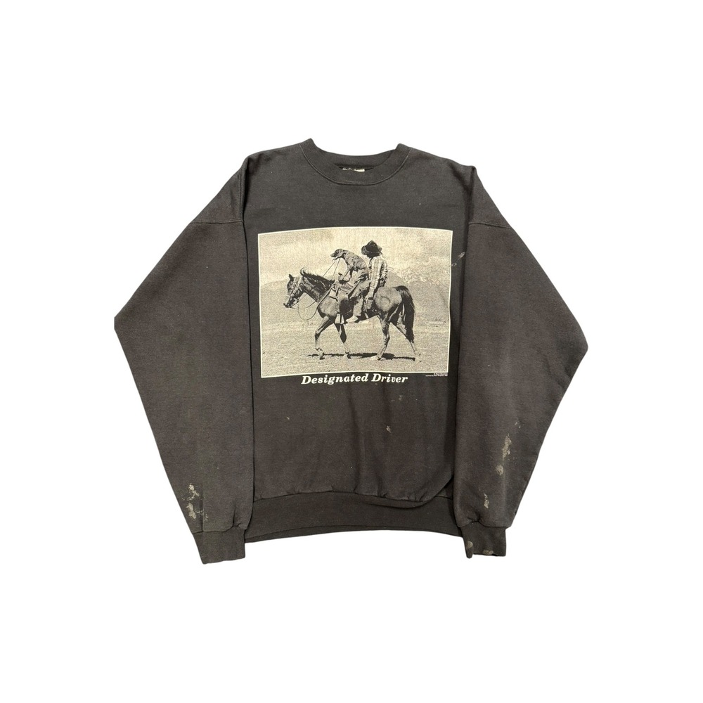Hanes Sweatshirt Mens L Black Designated Driver Cowboy Horse Graphic Distressed - Picture 1 of 9